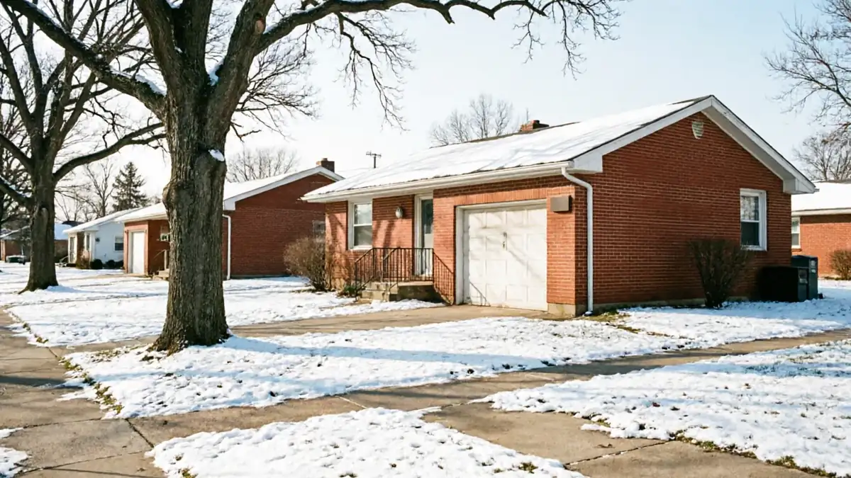 A white garage door on a red brick house with snow on the ground.