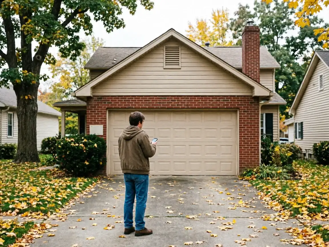 A man stands in a driveway looking at his phone in front of a closed garage door.