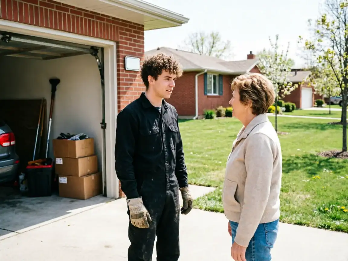 A technician in a black uniform talks to a woman in a beige jacket.