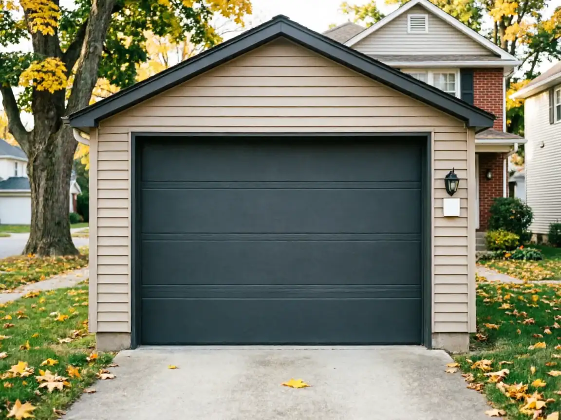 A dark gray garage door is on a tan garage with autumn leaves on the ground.