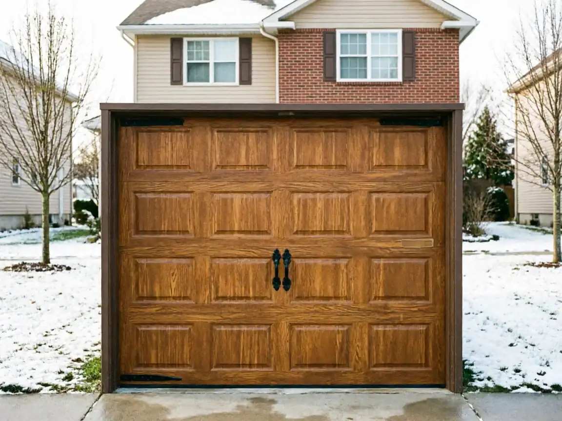 A brown paneled garage door with black handles is closed on a snowy day.